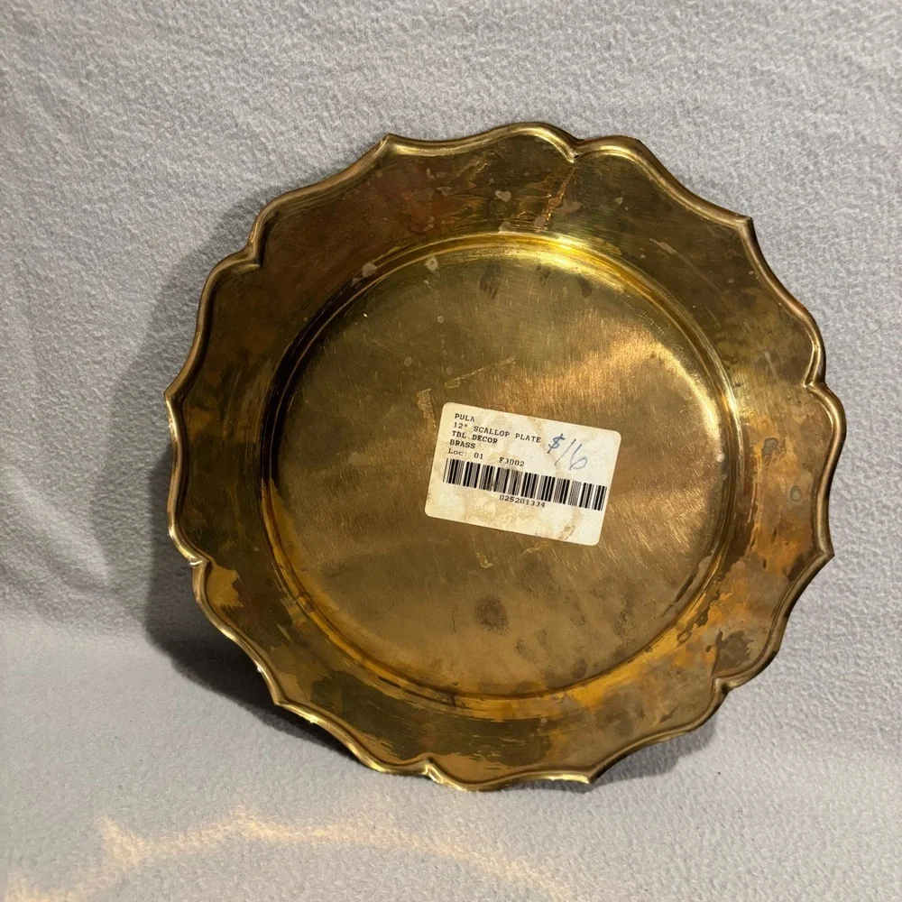 Vintage Brass Scalloped Edge Plate‎ Charger Serving Tray Decorative 12” Dish